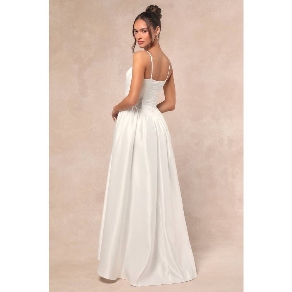 Lulus Luxe Bridal NWOT Bria White Satin Basque Waist Maxi Wedding Dress Medium - Picture 4 of 9